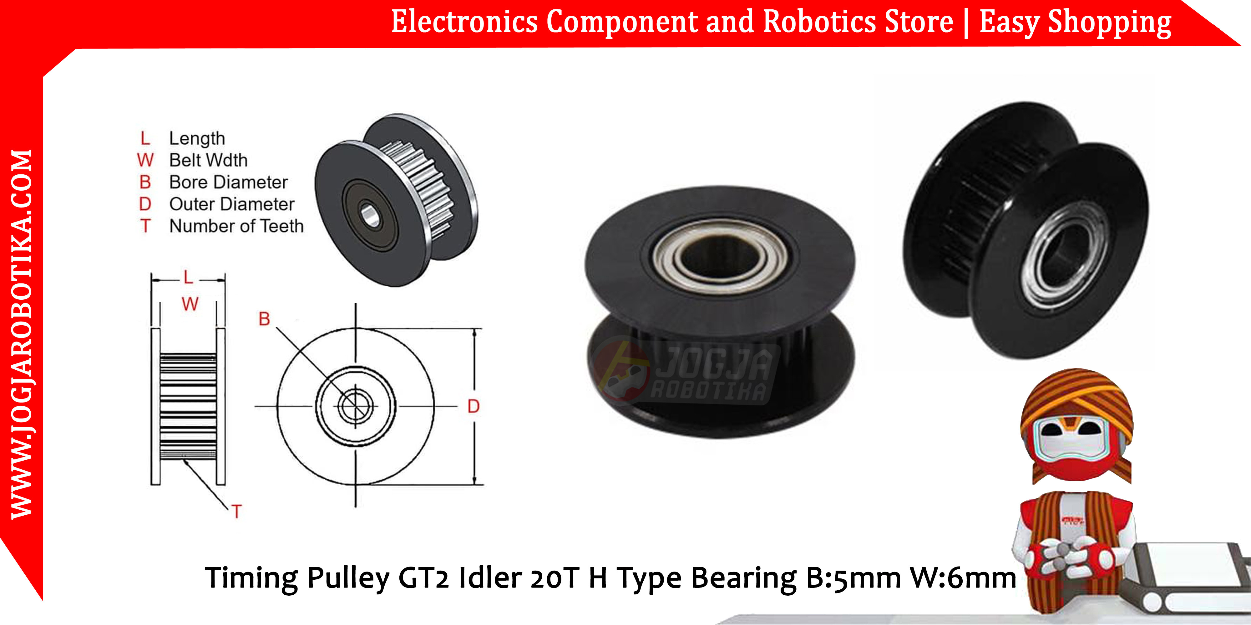 GT2 W6 D18 B5 20T Pulley Idler Timing Belt Tension with Teeth - Black