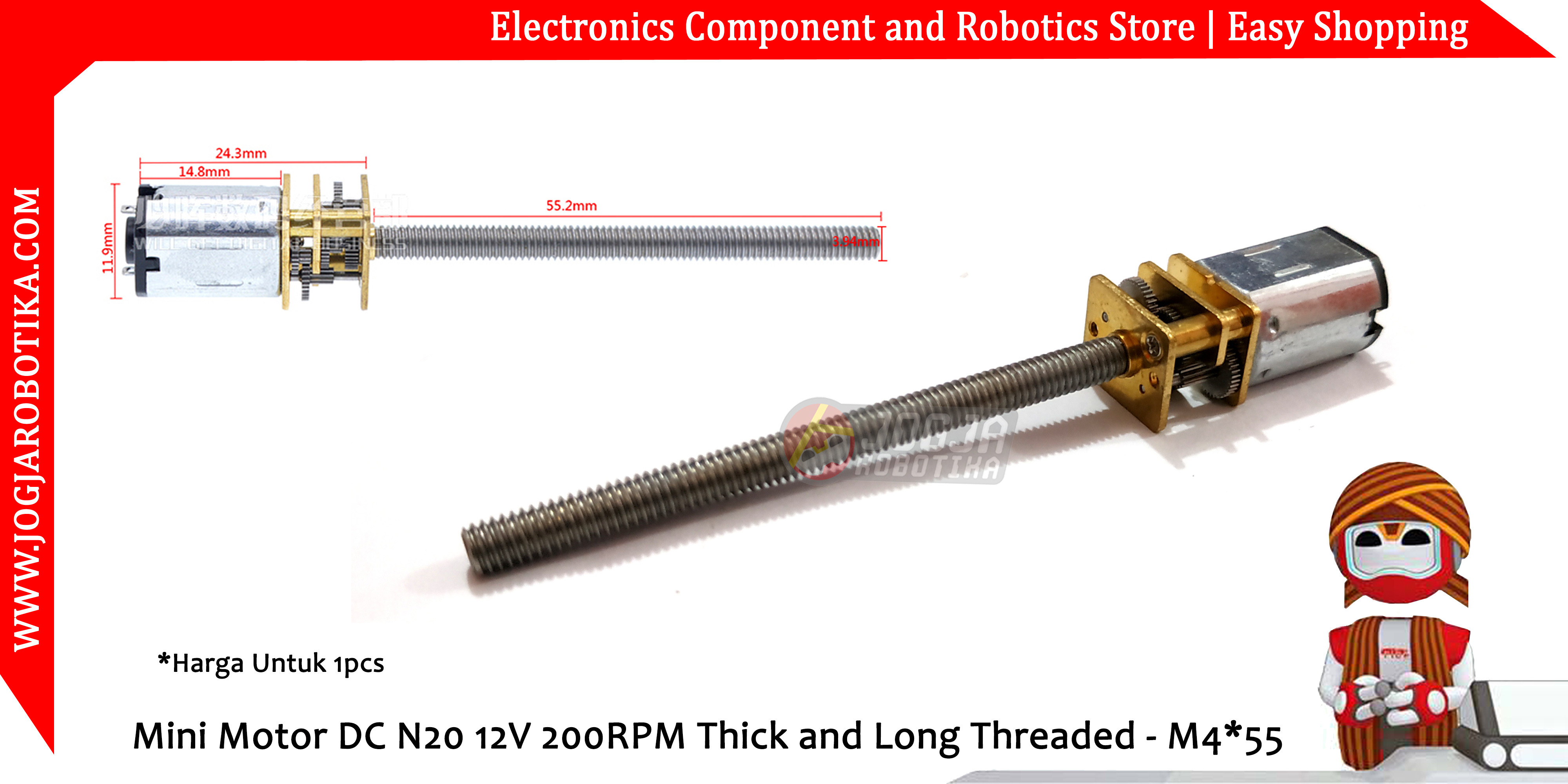 Mini Motor DC N20 12V 200RPM Thick and Long Threaded - M4*55
