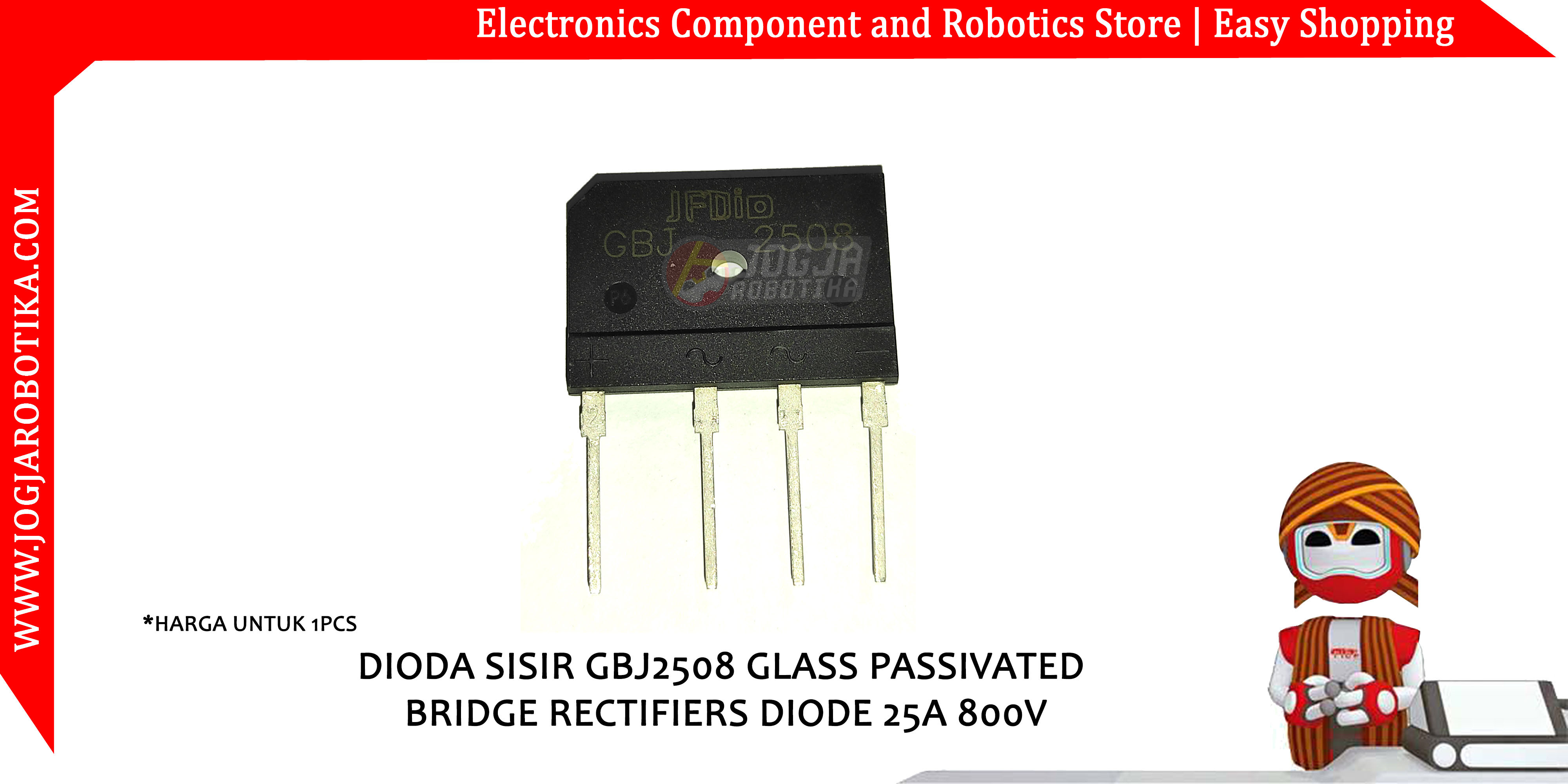 DIODA SISIR GBJ2508 GLASS PASSIVATED BRIDGE RECTIFIERS DIODE 25A 800V