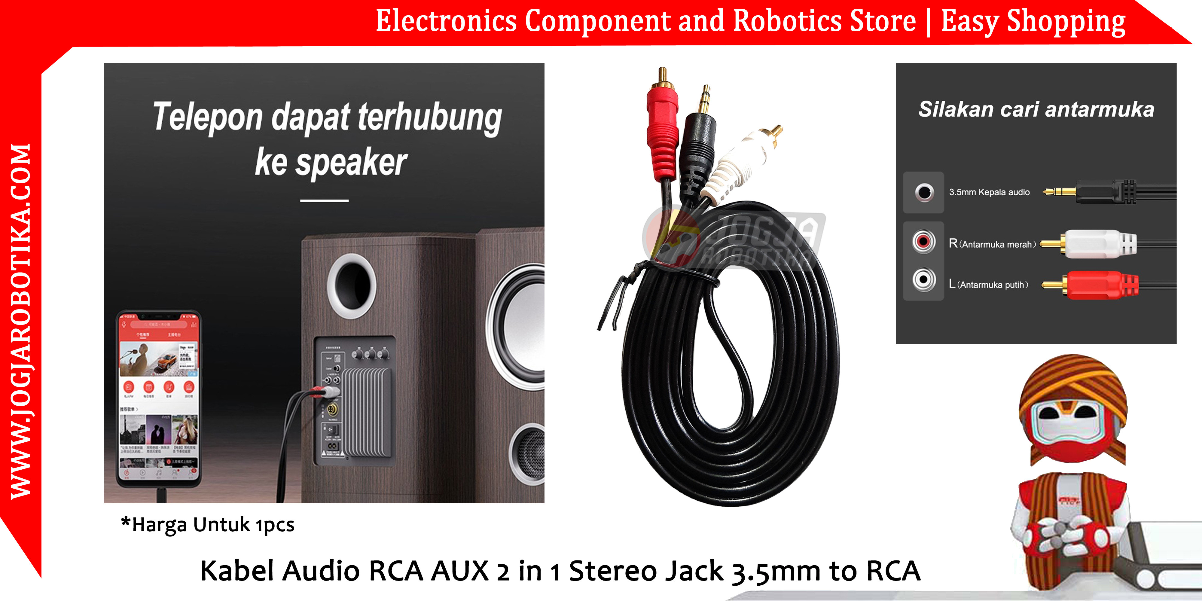 Kabel Audio RCA AUX 2 in 1 Stereo Jack 3.5mm to RCA