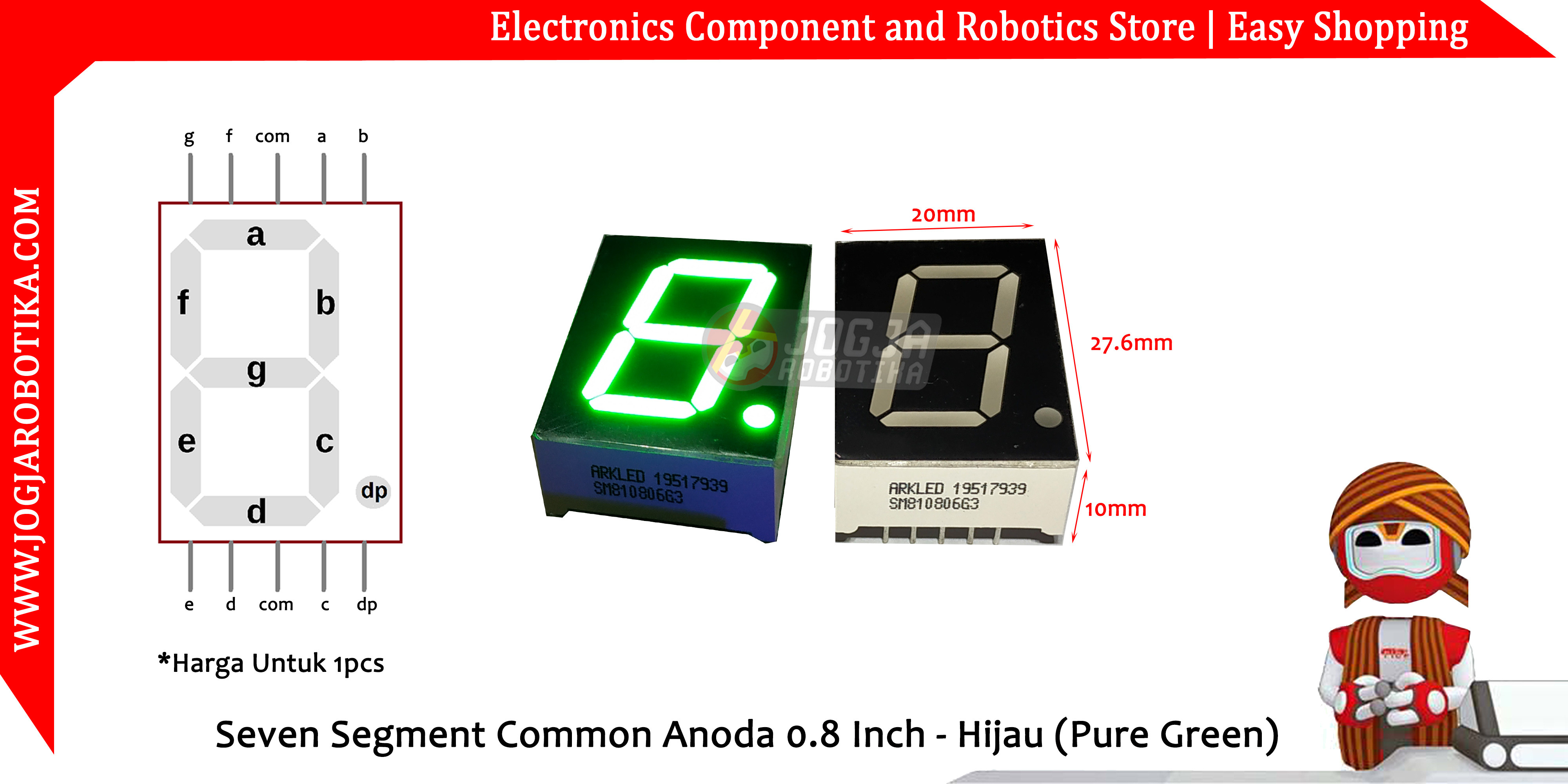 SEVEN SEGMENT HIJAU 0.8 INCH SM810806G3 7 SEGMEN COMMON ANODA