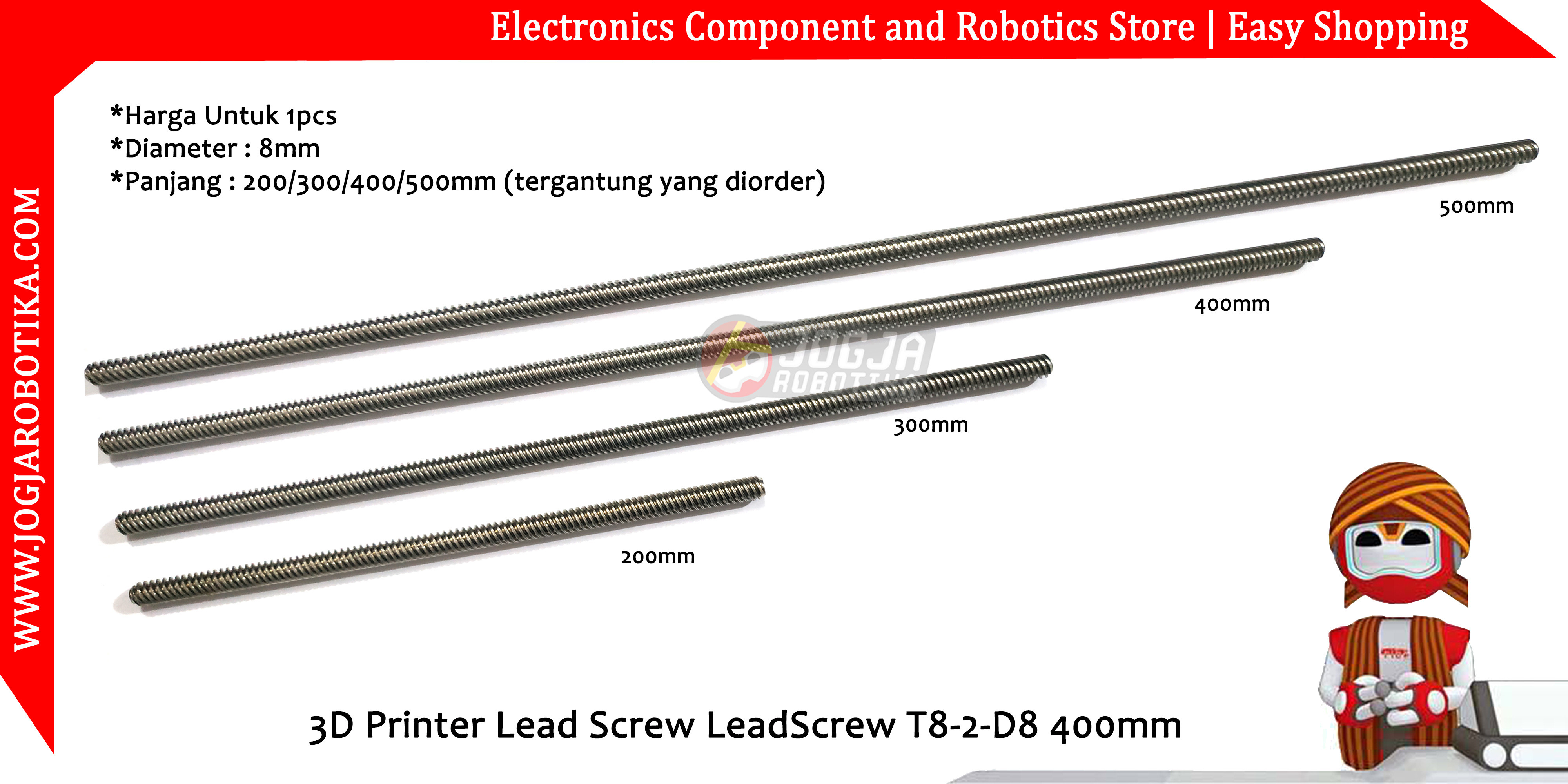 Besi Ulir CNC 3D Printer Lead Screw LeadScrew T8-2-D8 400mm