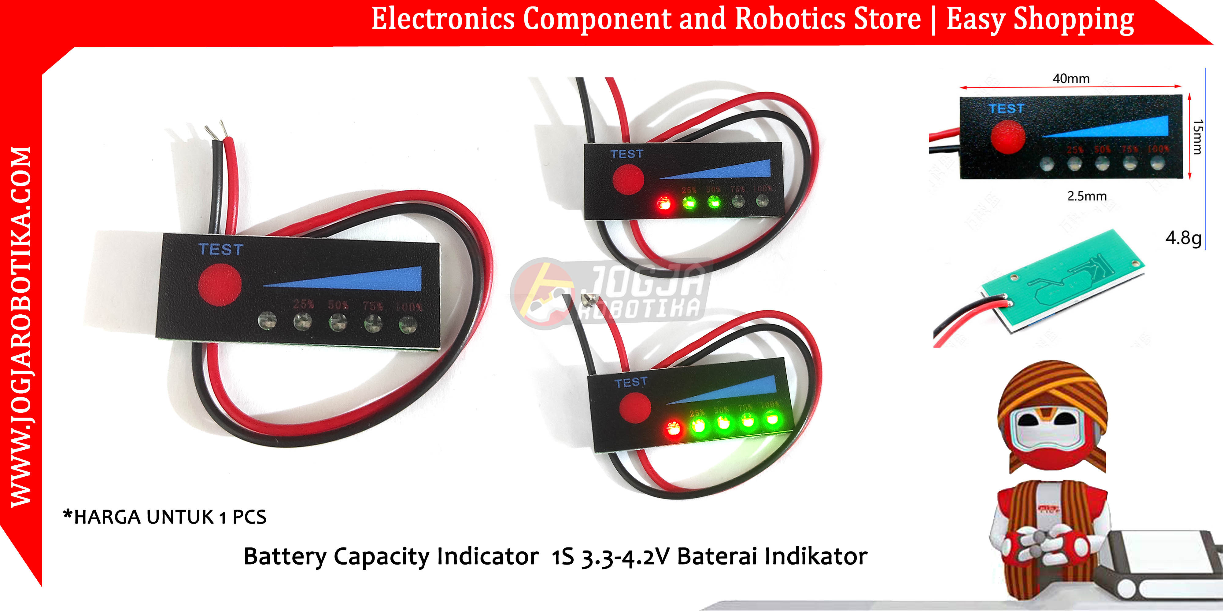 Battery Capacity Indicator 1S 3.3-4.2V Baterai Indikator