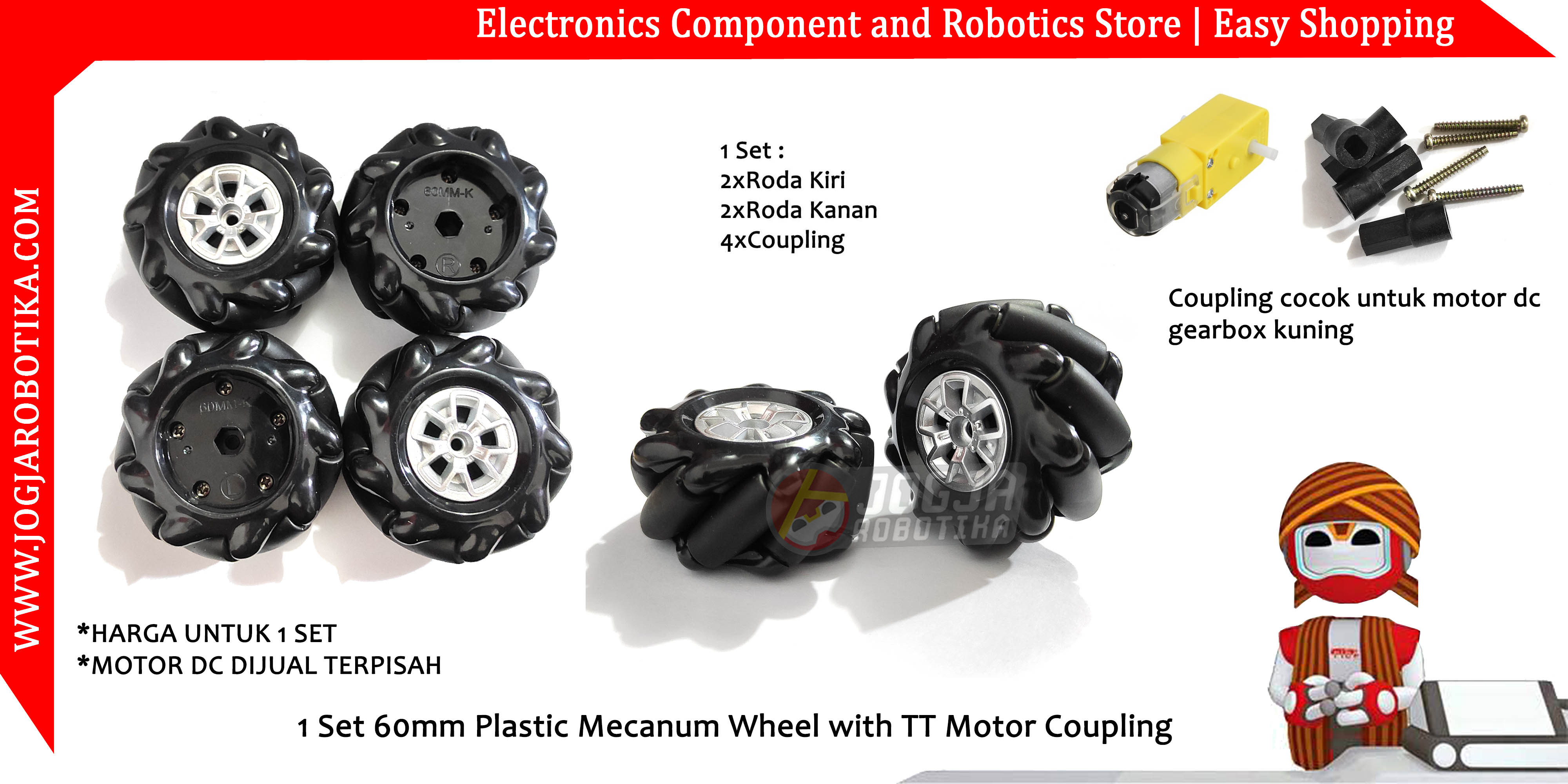 1 Set 60mm Plastic Mecanum Wheel with TT Motor Coupling