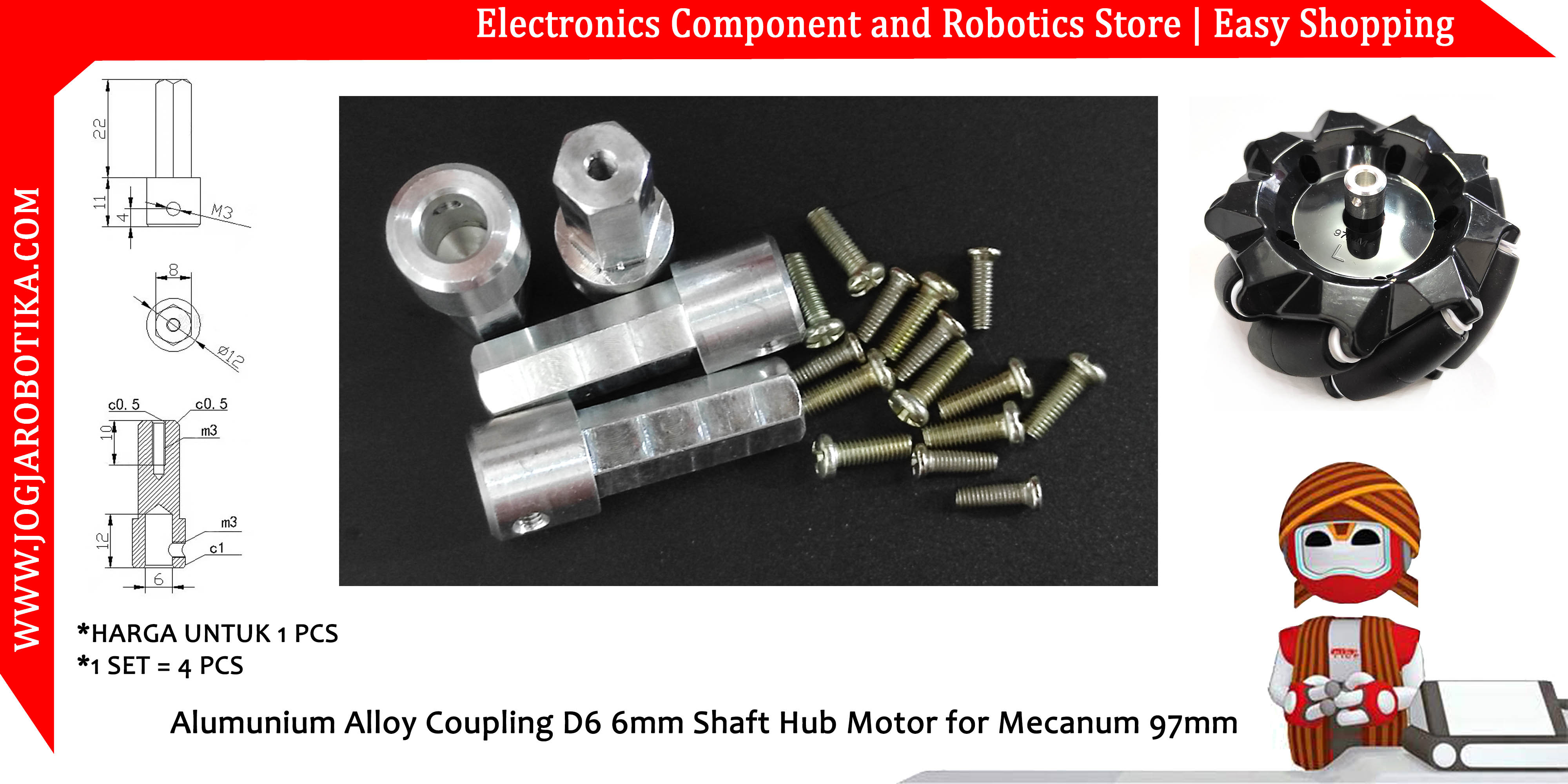 Alumunium Alloy Coupling D6 6mm Shaft Hub Motor for Mecanum 97mm